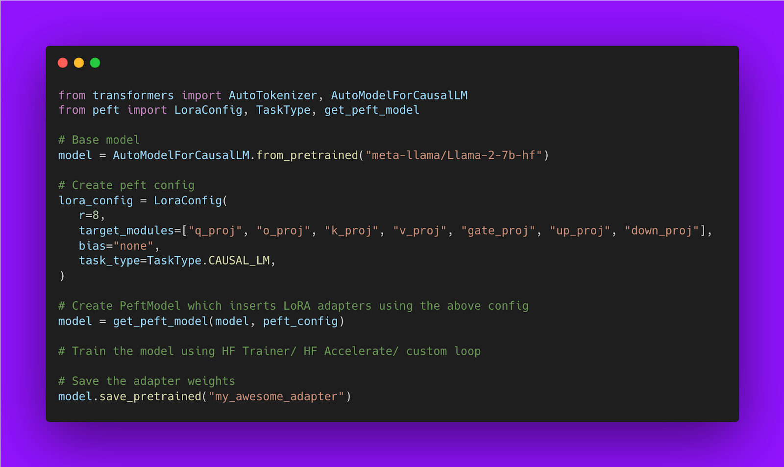 code snippet showing how to train LoRA model using  Hugging Face PEFT library